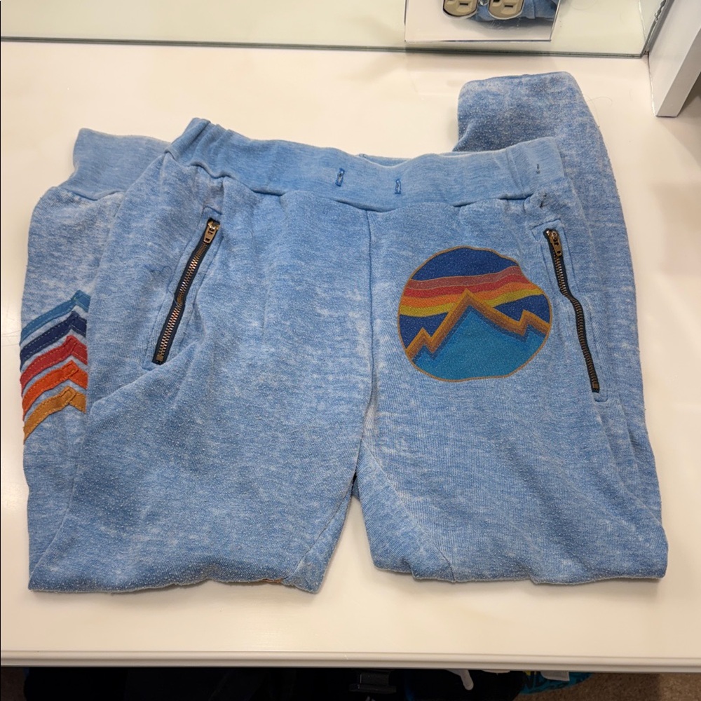 Aviator Nation Light Blue Joggers with Chevron and Circle Design